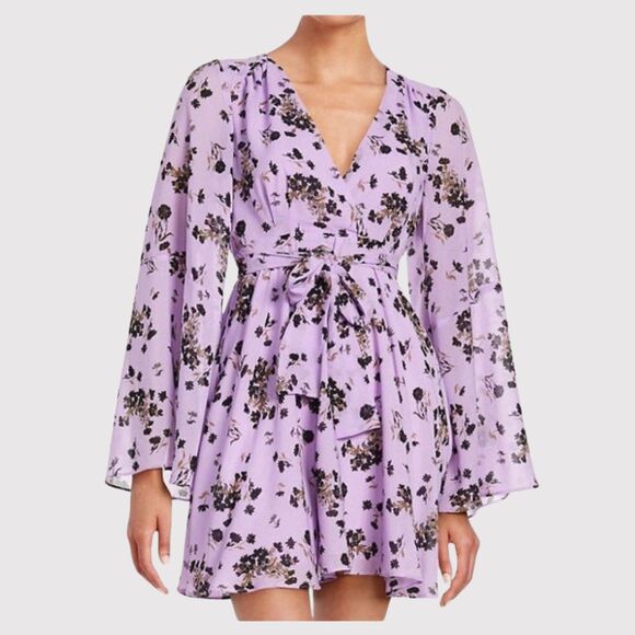 Free People Dresses & Skirts - Free People Dress Purple Wisteria Mini Floral Wrap V Neck Waist Tie Fit Flare XS